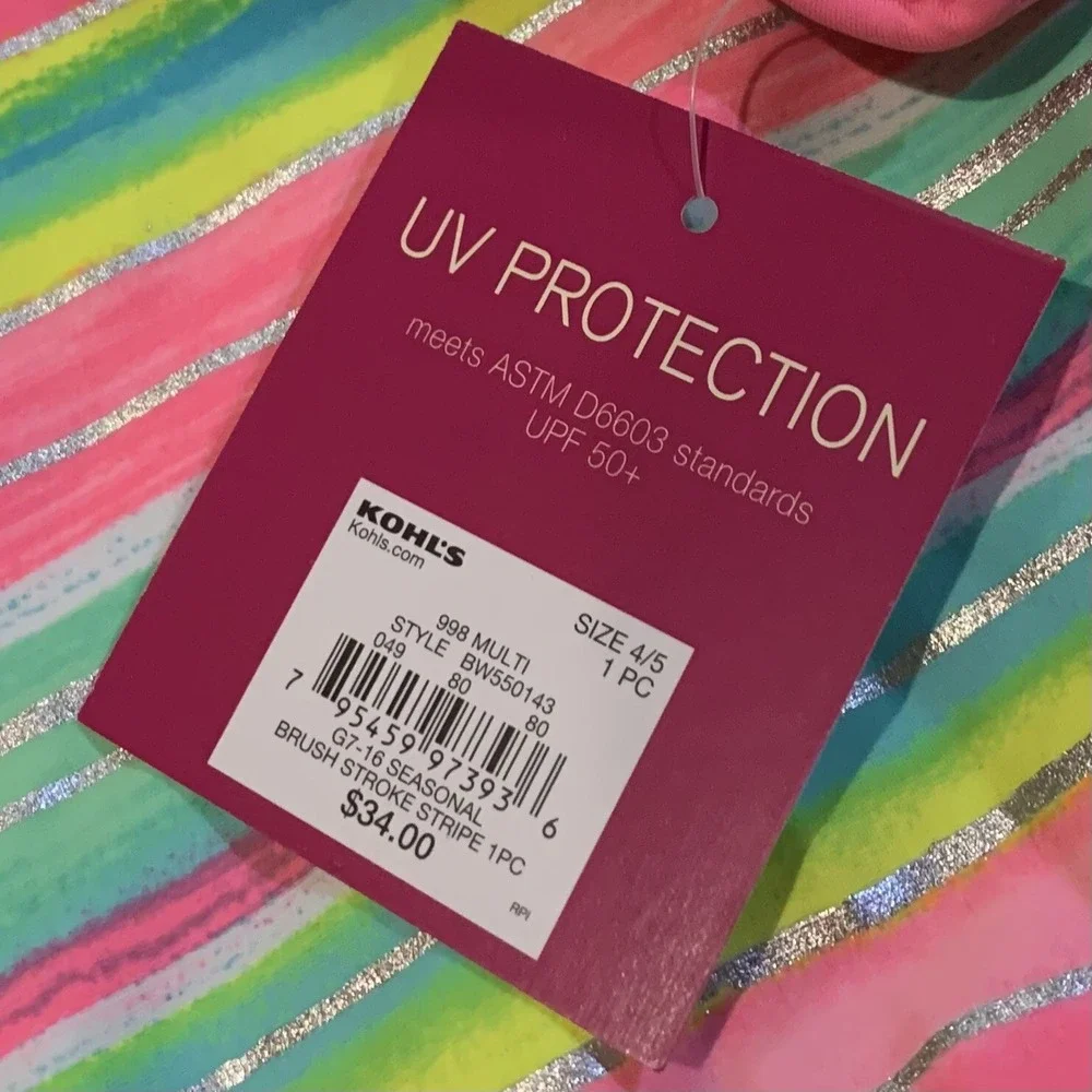 So Girls Brush Stroke Striped One Piece Swimsuit 4/5 New with Tags UV Protection